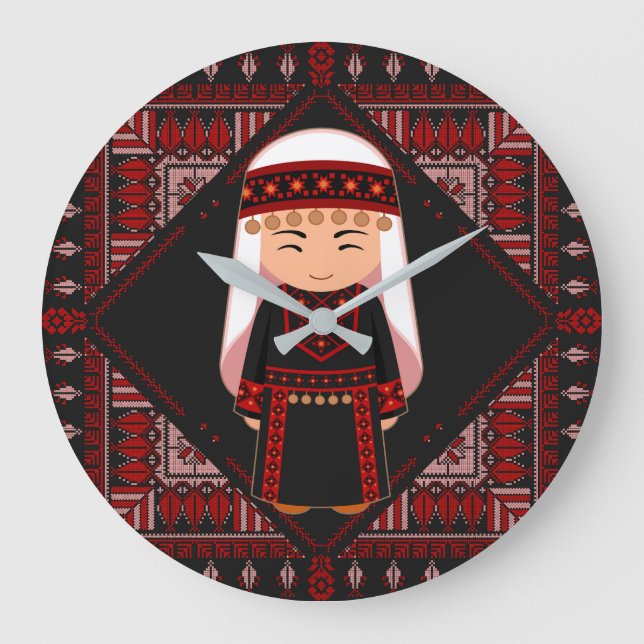 Grande Horloge Ronde jolie fille palestinienne Broderie rouge tatreez (Recto)