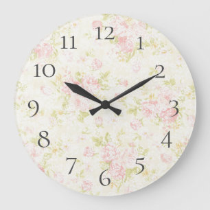 Grande Horloge Ronde Jolie Florale Rose Pastel Broderie Anglaise
