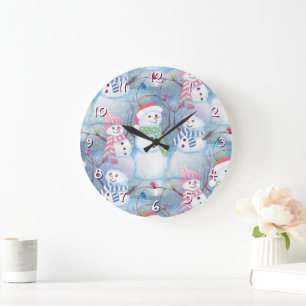 Grande Horloge Ronde Jolie illustration aquarelle d'hommes de neige pou