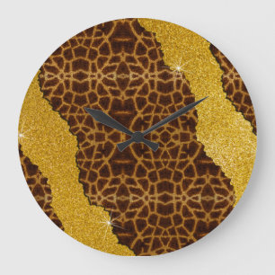 Grande Horloge Ronde Jolie Impression de Girafe en Cuir avec Paillettes