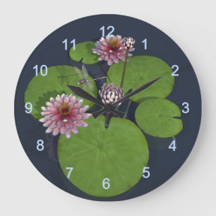 Grande Horloge Ronde Jolie Lys d'eau rose et libellule