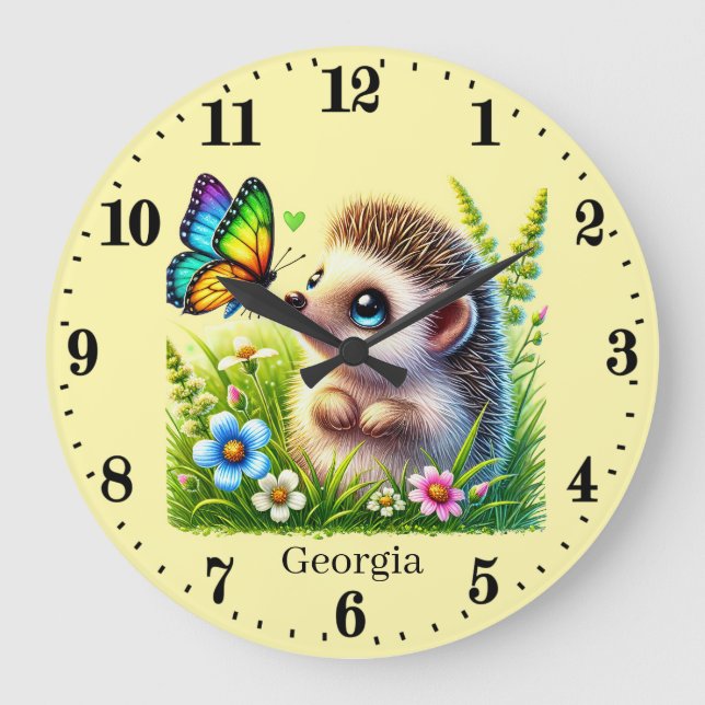 Grande Horloge Ronde Jolie petite fille hérisson ajouter nom pépinière (Recto)