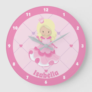 Grande Horloge Ronde Jolie Princesse Rose Personnalisée Filles Chambre
