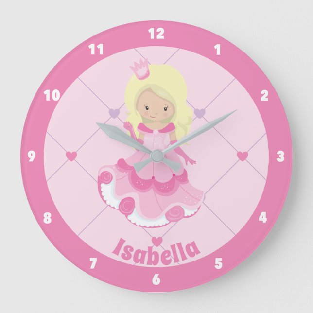 Grande Horloge Ronde Jolie Princesse Rose Personnalisée Filles Chambre (Recto)