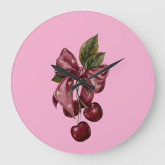 Grande Horloge Ronde Jolie Ruban Cerise Rose Coquette Esthétique