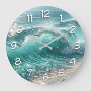 Grande Horloge Ronde Jolie vague bleue avec étincelles