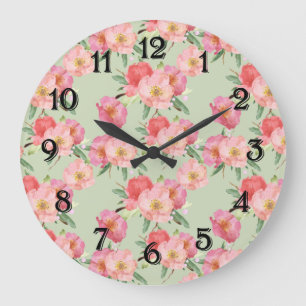 Grande Horloge Ronde Jolies Fleurs de Jardin Roses Aquarelle