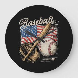 Grande Horloge Ronde Joueur de baseball avec drapeau américain Batteur 