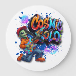 Grande Horloge Ronde Joueur de guitare alien solo cosmique Art musical 