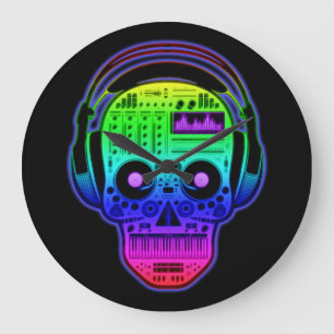 Grande Horloge Ronde Jour d'arc-en-ciel du crâne mort DJ de sucre avec