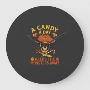 Grande Horloge Ronde Jour de bonbons Halloween Pirate Crâne Canne