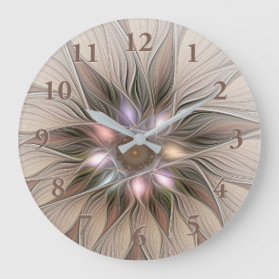Grande Horloge Ronde Joyeuse Fleur Abstrait Beige Brown Floral Fractal