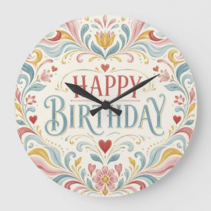 Grande Horloge Ronde Joyeux Anniversaire Art Populaire Scandinave Tourb