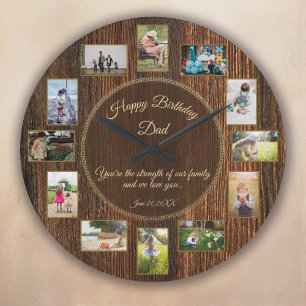 Grande Horloge Ronde Joyeux anniversaire papa Rustic Wood Modèle photo
