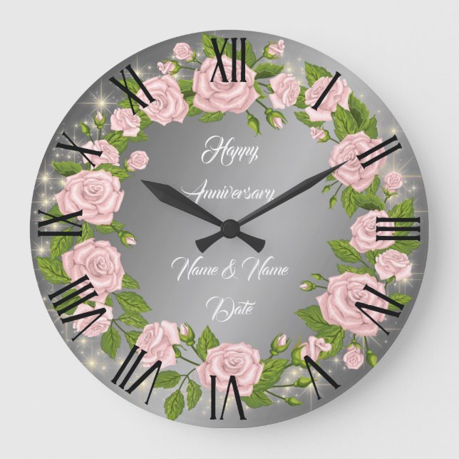 Grande Horloge Ronde Joyeux Anniversaire Rose Argent Personnalisé (Recto)