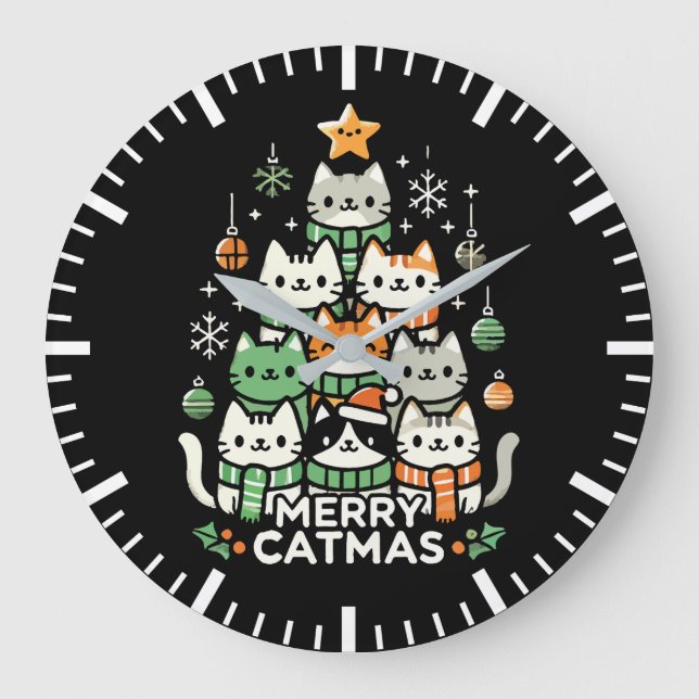 Grande Horloge Ronde Joyeux Catmas Cute Chat Noël Arbre de Noël (Recto)