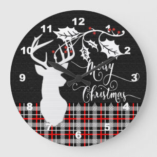 Grande Horloge Ronde Joyeux Cerf de Noël - Rouge Plaid