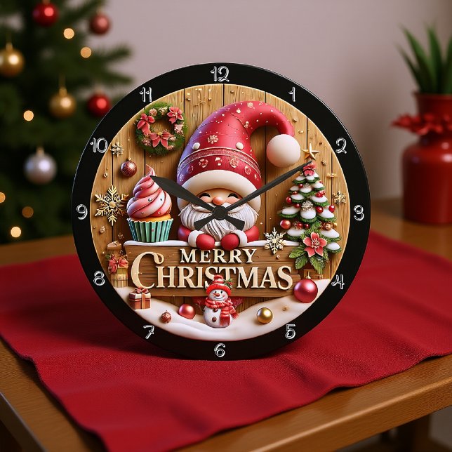 Grande Horloge Ronde Joyeux Gnome de Noël avec Cupcake (Créateur téléchargé)
