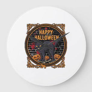Grande Horloge Ronde Joyeux Halloween Chat Noir Citrouilles Os_1