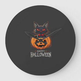 Grande Horloge Ronde Joyeux Halloween Chat Noir Design de Citrouille_1