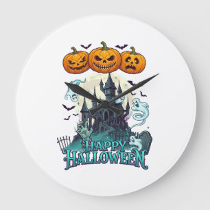 Grande Horloge Ronde Joyeux Halloween Château Hanté Citrouilles Fantôme