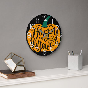 Grande Horloge Ronde Joyeux Halloween lettrage sur citrouille sculptée