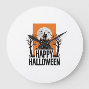 Grande Horloge Ronde Joyeux Halloween Maison Hantée Graphique Vintage_1
