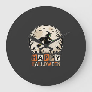 Grande Horloge Ronde Joyeux Halloween Sorcière Lune Cimetière Conceptio