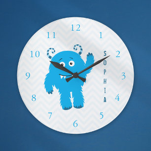 Grande Horloge Ronde Joyeux Monstre avec prénom, Petit Enfant