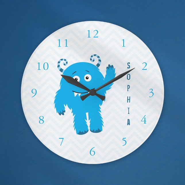 Grande Horloge Ronde Joyeux Monstre avec prénom, Petit Enfant (Créateur téléchargé)