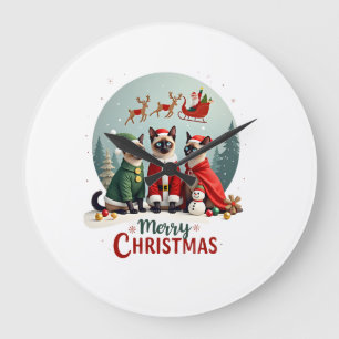 Grande Horloge Ronde Joyeux Noël Trois Santa Elf Renne Siamois C