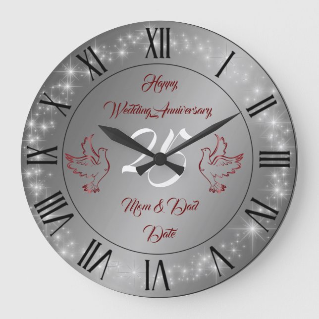 Grande Horloge Ronde Joyeux Pailleté Personnaliser Argent 25e Anniversa (Recto)