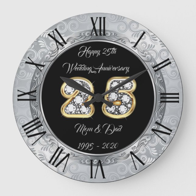 Grande Horloge Ronde Joyeux Personnalisation Argent 25e Anniversaire (Recto)