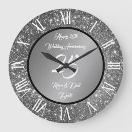 Grande Horloge Ronde Joyeux Personnalisation Pailleté Argent 25e Annive