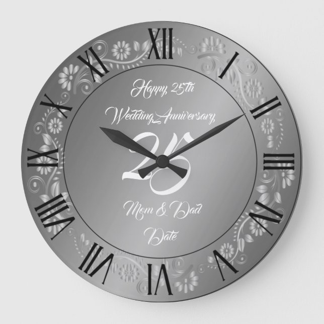 Grande Horloge Ronde Joyeux Personnalisé Argent 25e Anniversaire (Recto)
