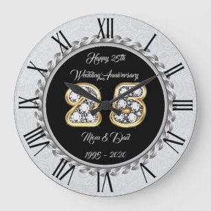 Grande Horloge Ronde Joyeux Personnalisé Argent 25e Anniversaire