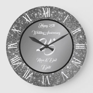 Grande Horloge Ronde Joyeux Personnalisé Paillettes Argent 25e Annivers