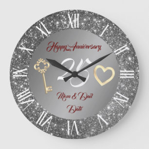 Grande Horloge Ronde Joyeux Personnaliser Amour Argent 25e Anniversaire