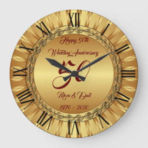 Grande Horloge Ronde Joyeux Personnaliser Or 50e Anniversaire