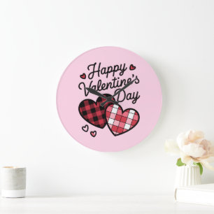 Grande Horloge Ronde Joyeux Valentines Jour léopard Plaid Coeur d'amour