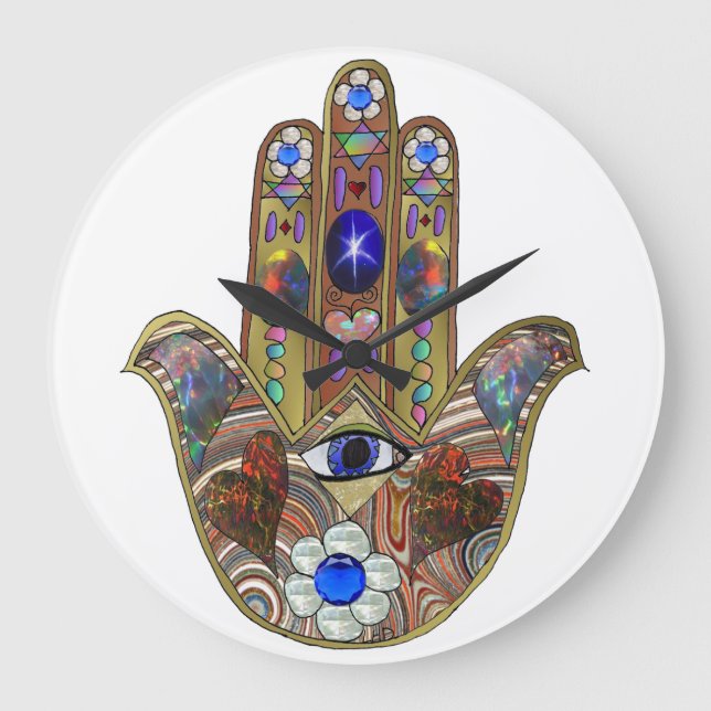 Grande Horloge Ronde Judaica Hamsa Coeurs Fleurs Opal Art Imprimer (Recto)