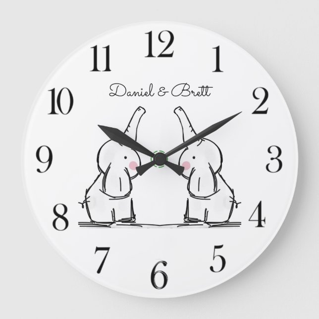 Grande Horloge Ronde Jumeaux personnalisés Baby Elephants Nursery Large (Recto)