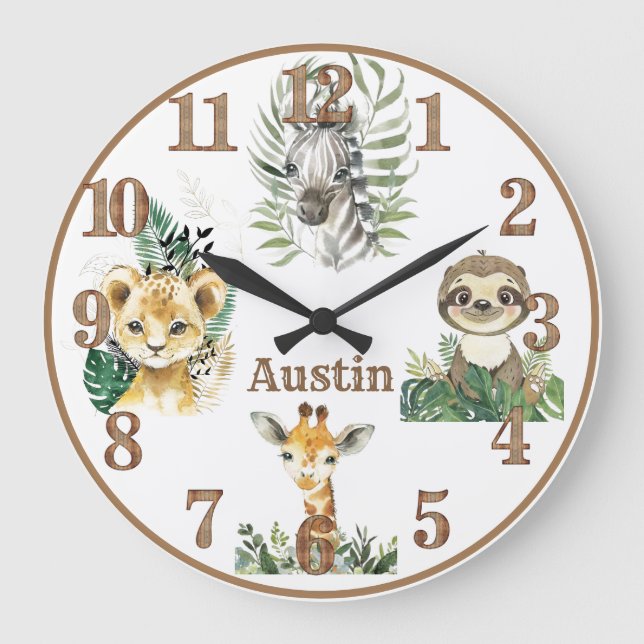 Grande Horloge Ronde Jungle Animaux Safari Pépinière personnalisée rond (Recto)