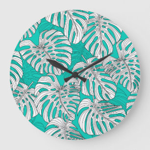 Grande Horloge Ronde Jungle Feuille Tropical Floral sans fil