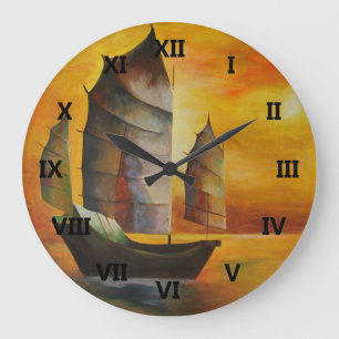Grande Horloge Ronde Junk chinoise en ocre et jaune