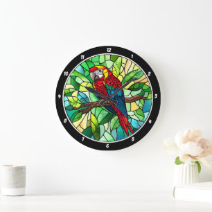 Grande Horloge Ronde Kaleidoscope Tropical" - Perroquet en verre