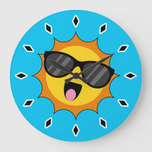Grande Horloge Ronde Kawaii Joyeux soleil avec lunettes de soleil