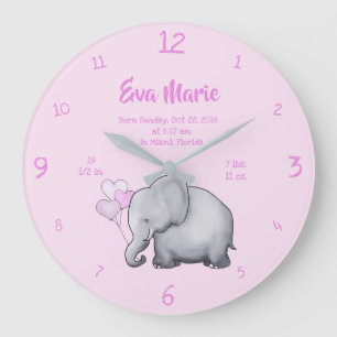 Grande Horloge Ronde Keepsake Baby Girl Birth Stats Elephant Nursery