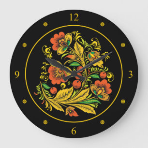 Grande Horloge Ronde Khokhloma ~ Art folklorique russe ~ Fleurs rouges/
