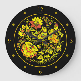 Grande Horloge Ronde Khokhloma ~ Art populaire russe ~Oiseaux & Fleurs 